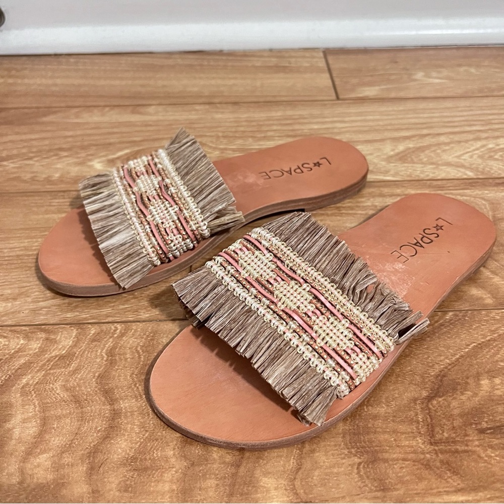 L*Space Sandbar Straw Flat Leather Sandals Slides 37 Tropical Beach Woven Braid